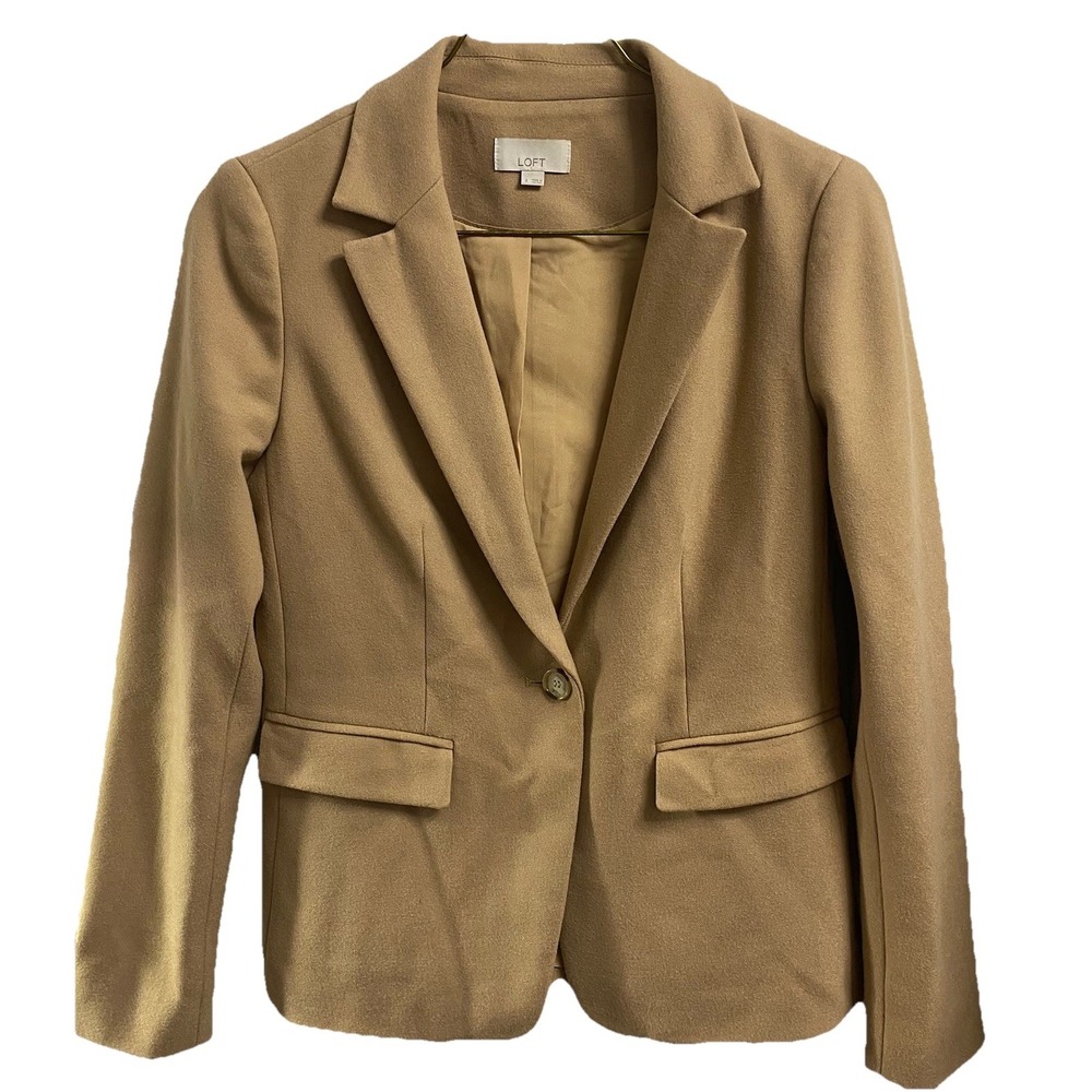 LOFT One Button Womens Tan Blazer Soft Stretch Knit Elbow Patch Sz.4 EUC